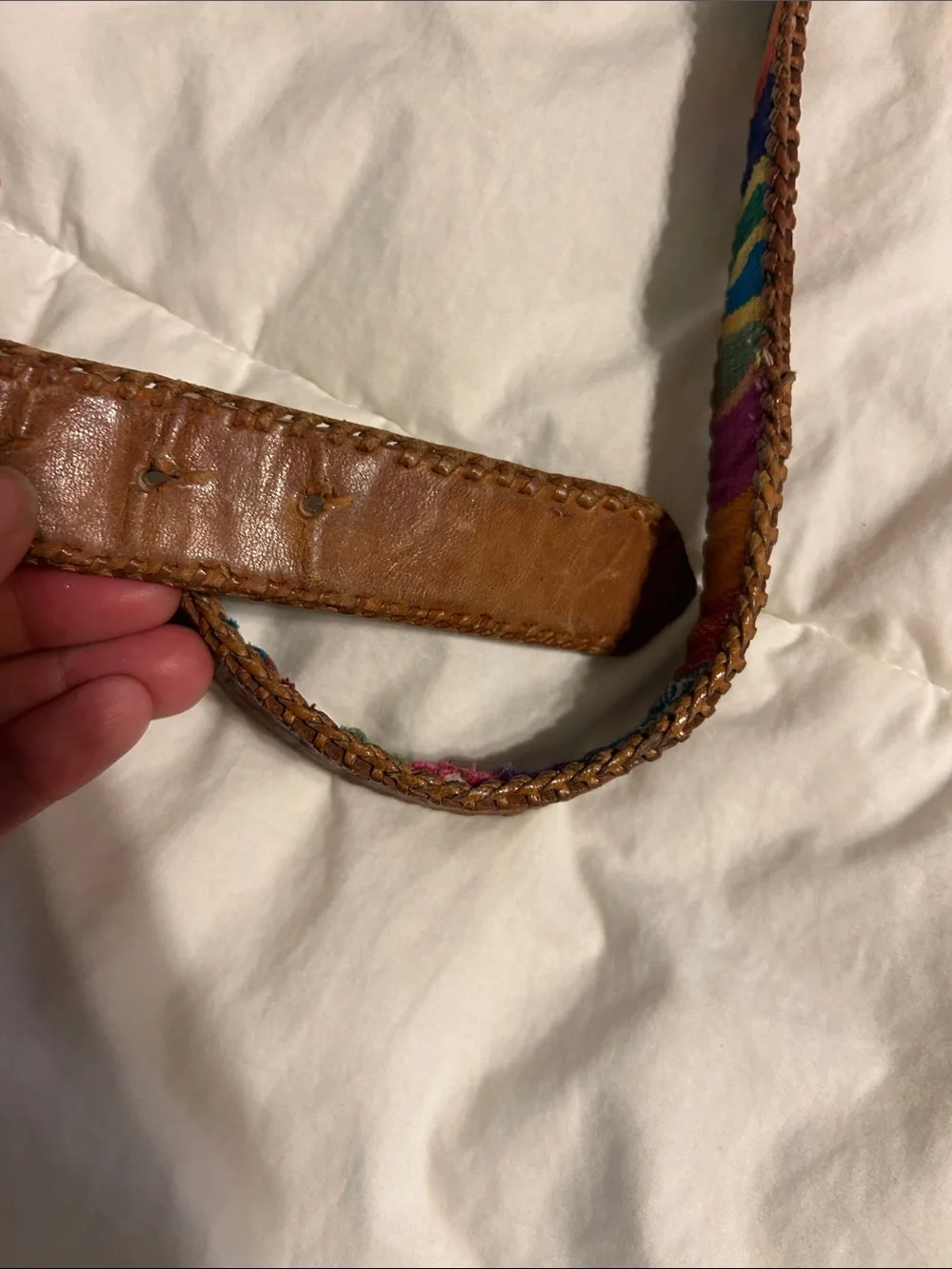 Vintage Mexico brown Leather Belt with Multicolor Woven Accent